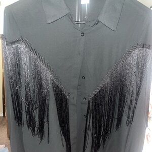Black Fringe Button-Up Shirt